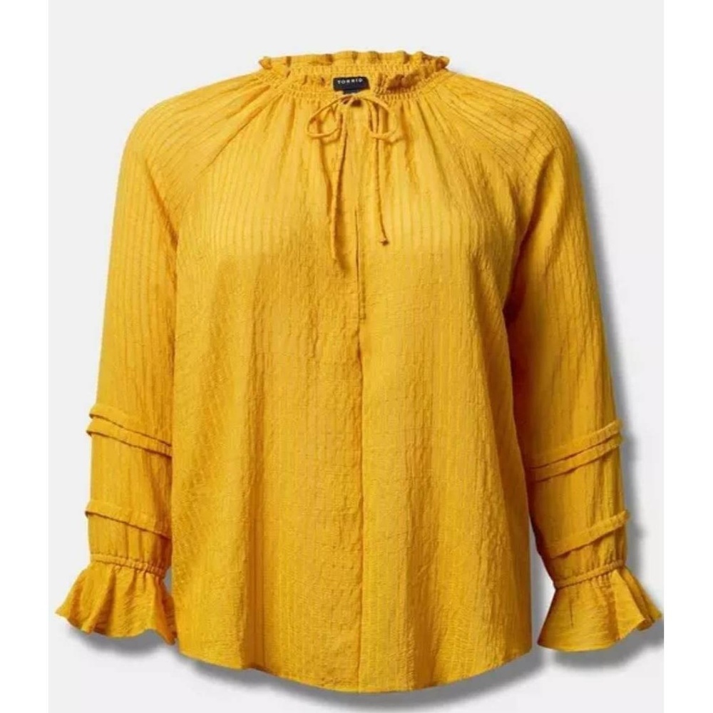 Torrid Mustard Gauze Peasant‎ High Neck Tie Flounce Sleeve Striped Plus Size 2X - Picture 2 of 6